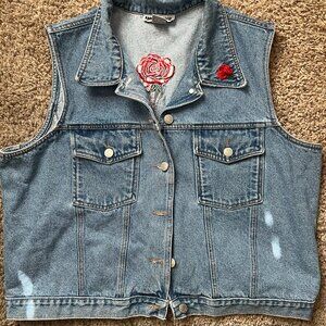 Vintage denim vest with embroidered rose detail